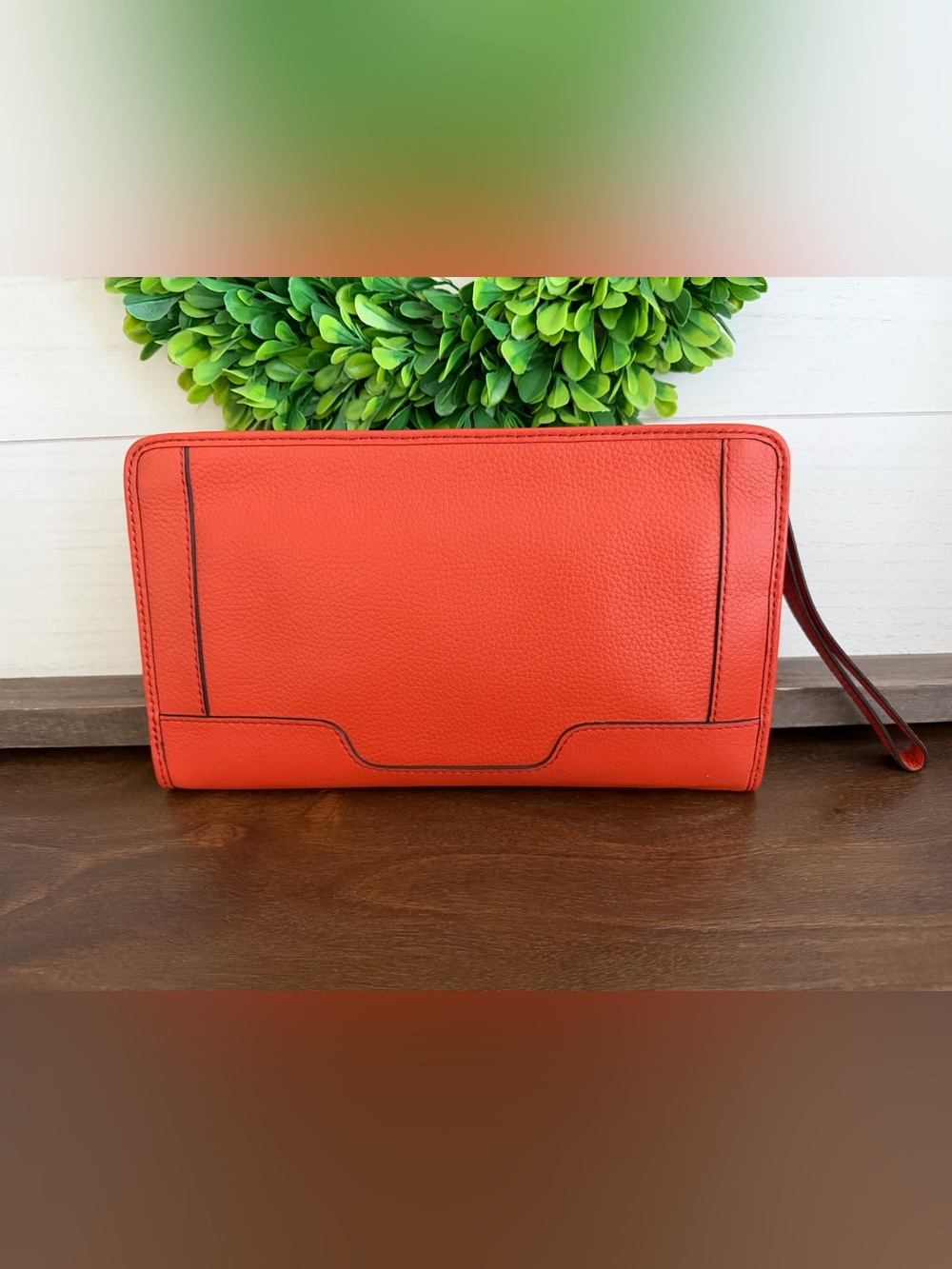 Banana Republic Orange pebbled Leather Wristlet Clutch NWT